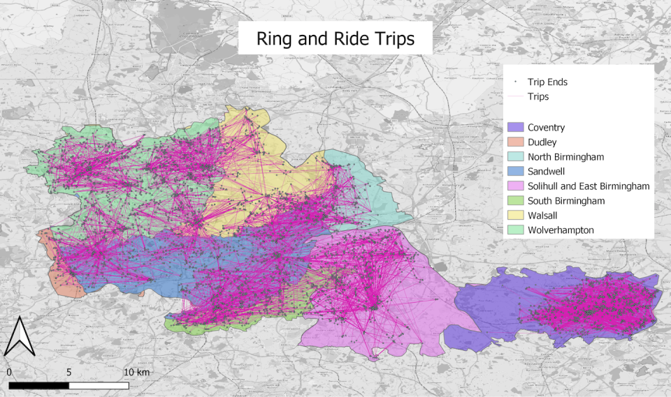 In this map of Ring&Ride service zones, the lines show the trips taken since June 2022. Image and analysis courtesy of researchers at Liftango Labs