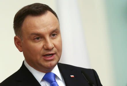 FILE PHOTO: Poland's President Andrzej Duda speaks during a joint news conference with his Bulgarian counterpart Rumen Radev (not pictured) in Sofia, Bulgaria, November 27, 2018. REUTERS/Stoyan Nenov/File Photo