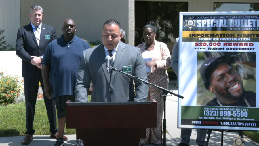 A press conference held by the Los Angeles County Sheriff's Department on June 26, 2024 offering a $20,000 reward in the murder of Robert Abdelkader III. (LASD)