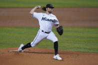 Miami Marlins' Nick Neidert delivers a pitch during the first inning of a baseball game against the Philadelphia Phillies, Wednesday, May 26, 2021, in Miami. (AP Photo/Wilfredo Lee)