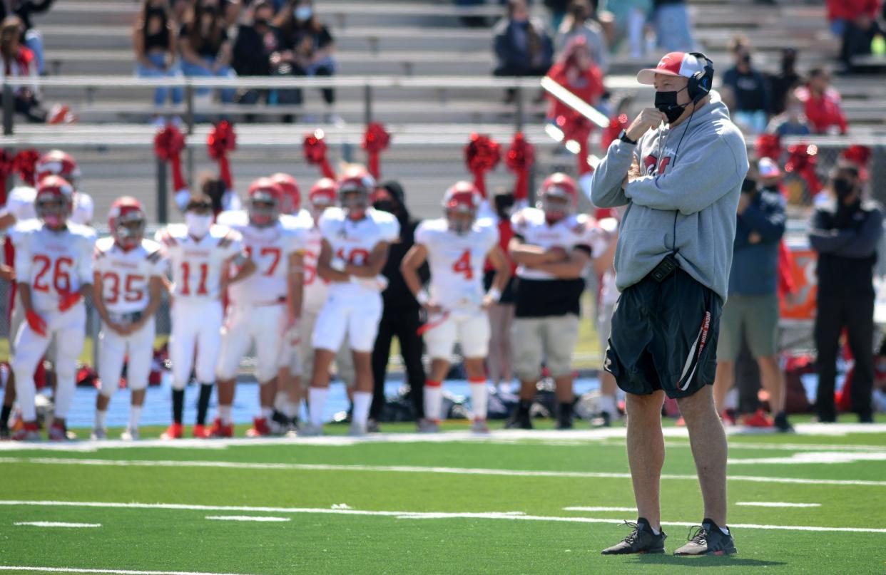 Jon Mack watches the action during a Hueneme scrimmage at Channel Islands High on March 13, 2021.