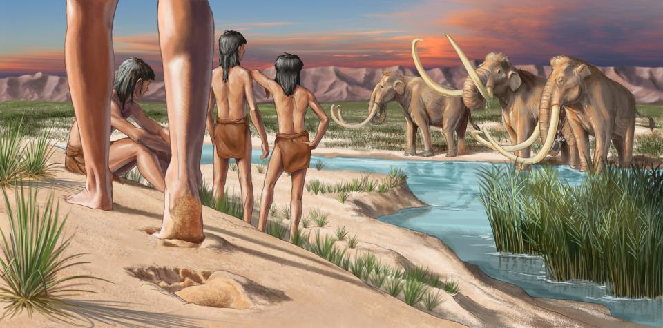 An artist's rendering depicts human youth during the ice age in what is now White Sands National Park in southern New Mexico, illustrating how footprints believed to be up to 23,000 years old might have been formed. Little to nothing is known, however, about the culture of the people who left the footprints.