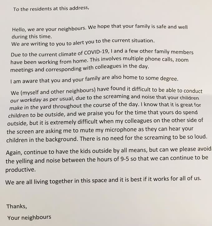 The woman received the anonymous note complaining about her children playing outside. Source: Facebook