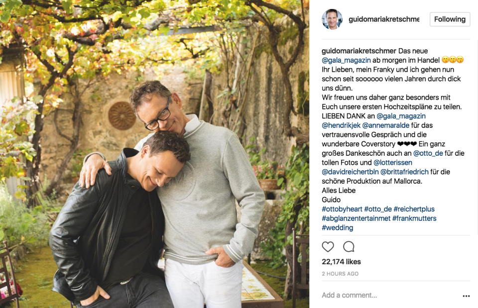 <p>Herzlichen Glückwunsch: Guido Maria Kretschmer und sein Frank geben sich das Ja-Wort. Das verkündete der Mode-Designer nun stolz bei Instagram. (Bild: Instagram.com/Guido Maria Kretschmer) </p>