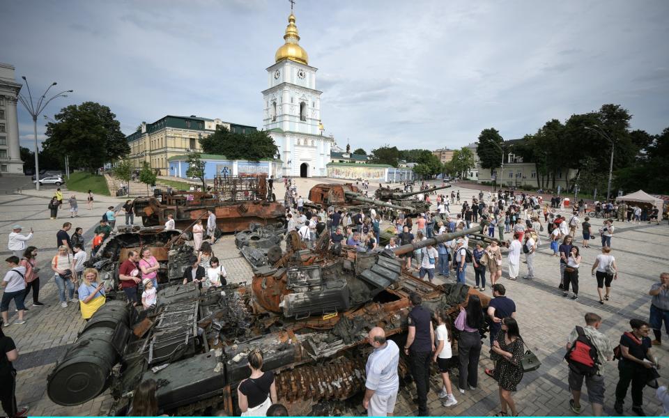 Crowds gather to view destroyed Russian tanks and armoured vehicles put on display in Saint Michael's Square in Kyiv on June 4 - Getty Images Europe