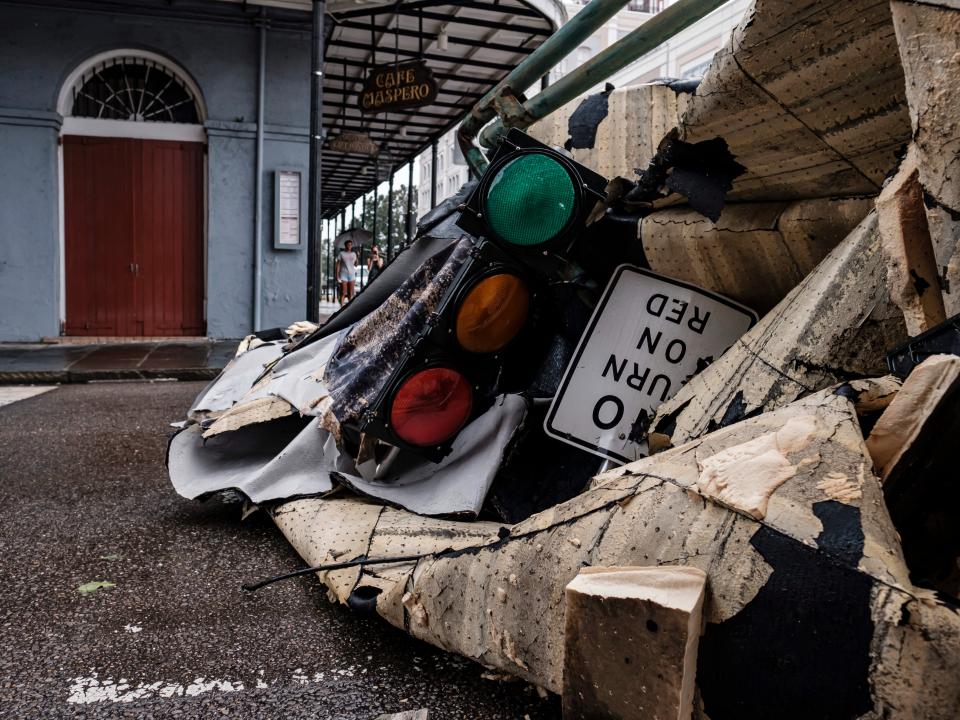 A chunk of roof that ripped off a building in the French Quarter due to Hurricane Ida in New Orleans, Louisiana, USA, 30 August 2021 (EPA)