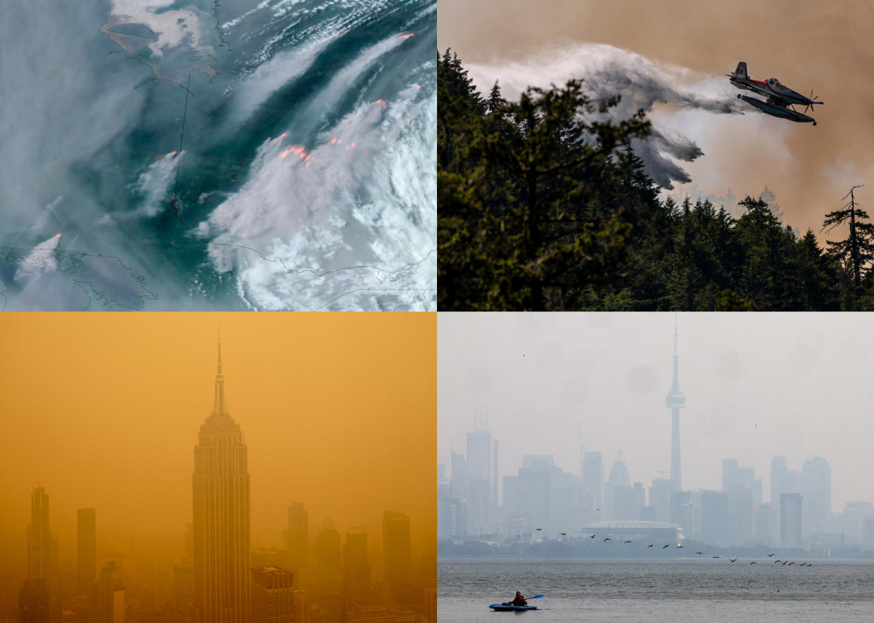 (top left) satellite view of Quebec wildfire (top right) helicopter fighting fire (bottom left) Empire State Building covered in yellow smog (bottom right) CN Tower skyline view covered in smoke