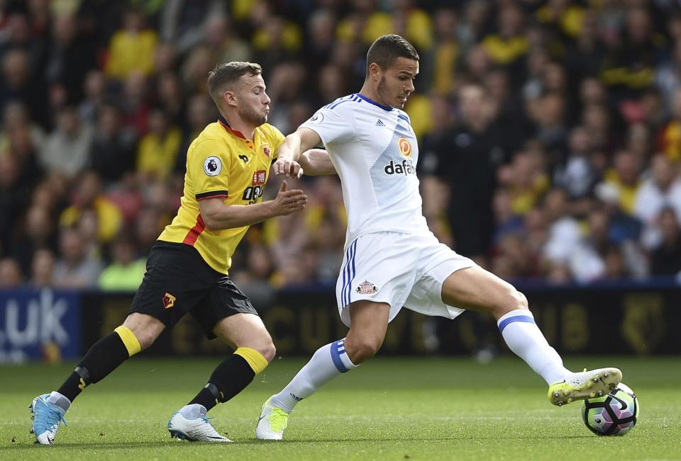 <p>Watford’s Tom Cleverley, left, and Sunderland’s Jack Rodwell during their English Premier League soccer match at Vicarage Road in Watford, England, Saturday April 1, 2017 </p>
