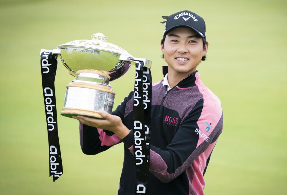 Min Woo Lee on the 18th after winning the abrdn Scottish Open at The Renaissance Club (Jane Barlow/PA) (PA Wire)