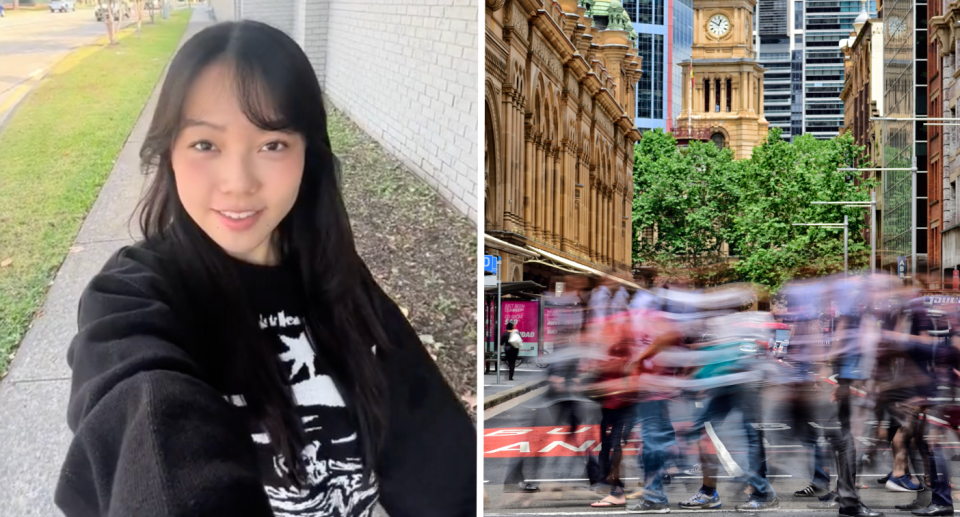 Samantha speaking to the camera next to a shot of Aussies walking in Sydney