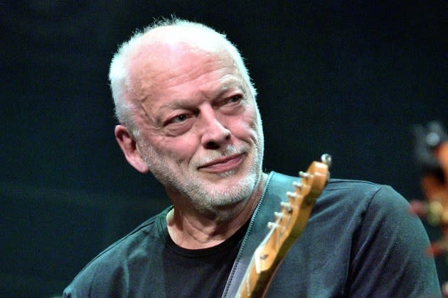 David Gilmour joins Richard Thompson on stage at his 70th Birthday Celebration Show the Royal Albert Hall on September 30, 2019 in London, England.  - Credit: Gus Stewart/Redferns/Getty Images