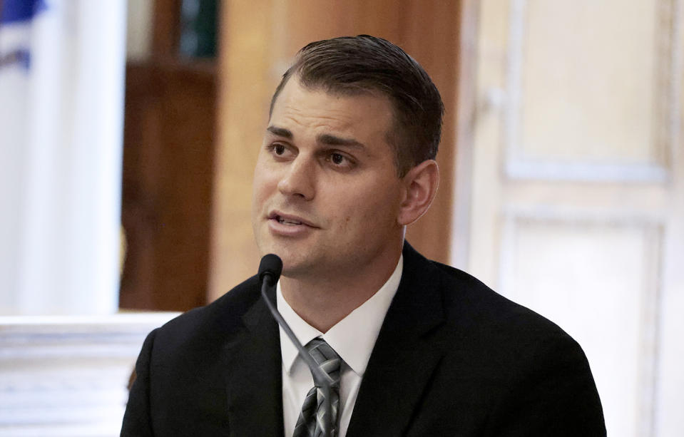 Daniel Michael Wolfe, director of accident reconstruction with ARCCA, Inc, is questioned by defense attorney Alan Jackson during the murder trial for Karen Read at Norfolk Superior Court, in Dedham, Mass., Monday, June 24, 2024. Read is accused of backing her SUV into her Boston Police officer boyfriend, John O'Keefe, and leaving him to die in a blizzard in Canton, in 2022. (Pat Greenhouse/The Boston Globe via AP, Pool)