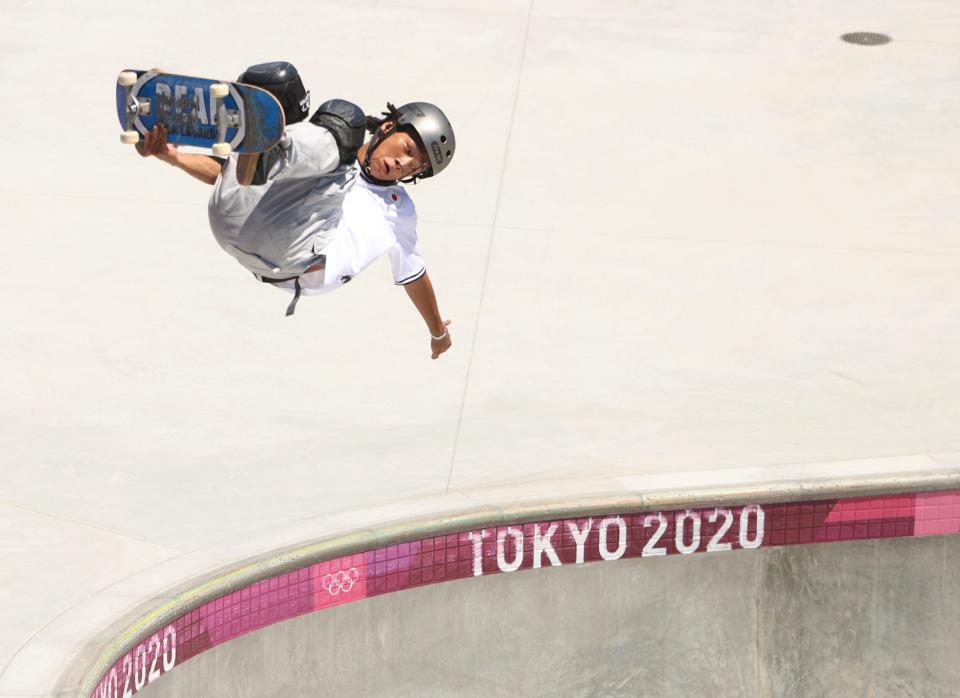 Ayumu Hirano competes during the Men's skateboarding park prelims at Ariake Urban Sports Park.