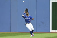 Toronto Blue Jays centre fielder Raimel Tapia catches a fly ball hit by Baltimore Orioles' Adley Rutschman during the first inning of a baseball game Monday, Aug. 15, 2022, in Toronto. (Jon Blacker/The Canadian Press via AP)