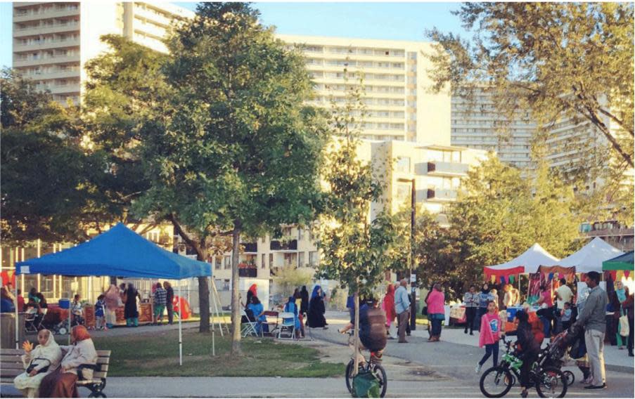 A summer market organized by the Thorncliffe Park Women's Committee in R.V. Burgess Park, pictured here in 2009. Sabina Ali who runs the committee says she hoped RAC zoning would allow those who run stalls at the market to open store-fronts in the community. But she says that hasn't happened in the decade since the RAC zoning bylaw was passed. (Submitted by Graeme Stewart - image credit)