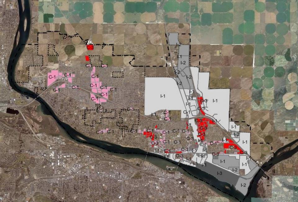 This GIS map shows all the commercial (C1, C2 and C3) and industrial zones (I1, I2 and I3) where the Pasco City Council is considering lifting its ban on retail cannabis. Downtown Pasco would also be included.