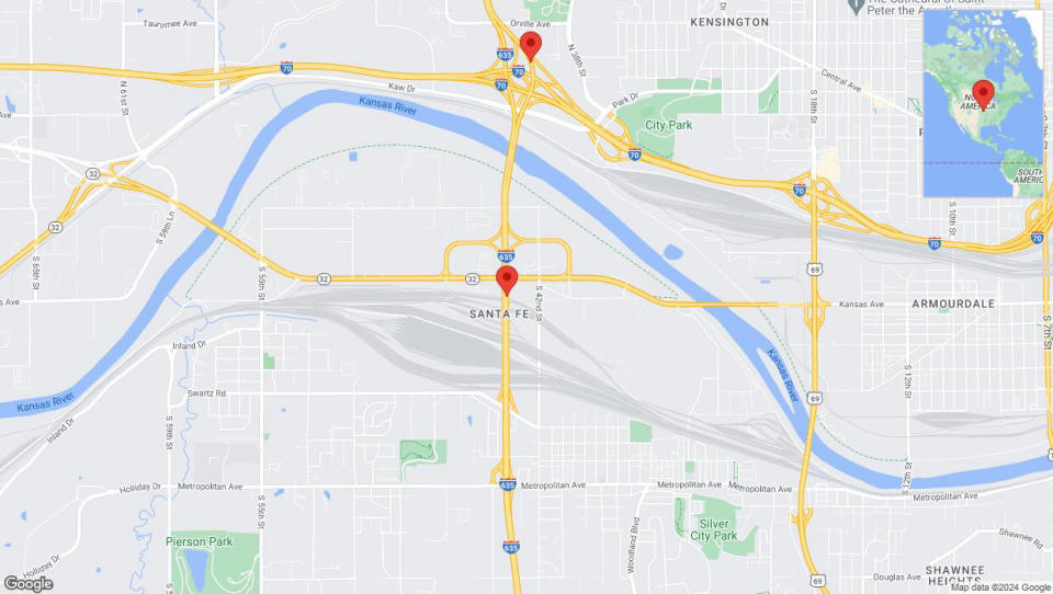 A detailed map that shows the affected road due to 'Lane on I-635 closed in Kansas City' on July 22nd at 11:15 p.m.