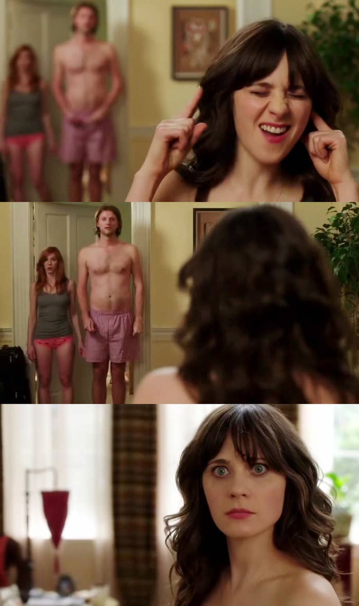 zooey deschanel as jess discovers her boyfriend is cheating in "new girl"