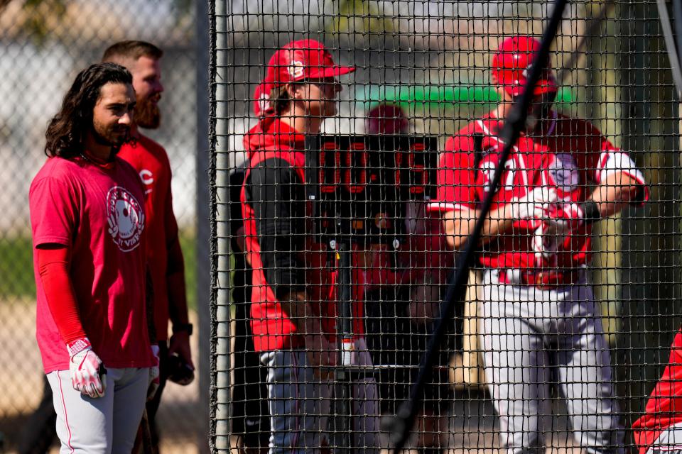A digital clock stands in for the newly introduced pitch timer during live batting practice at the Cincinnati Reds Player Development Complex in Goodyear, Ariz., on Monday, Feb. 20, 2023.