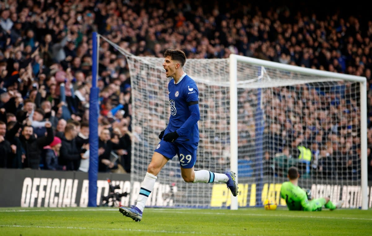 Kai Havertz celebrates putting Chelsea in front at Stamford Bridge (AP)