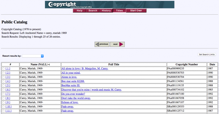 Screenshot: Library of Congress’s Copyright Catalog