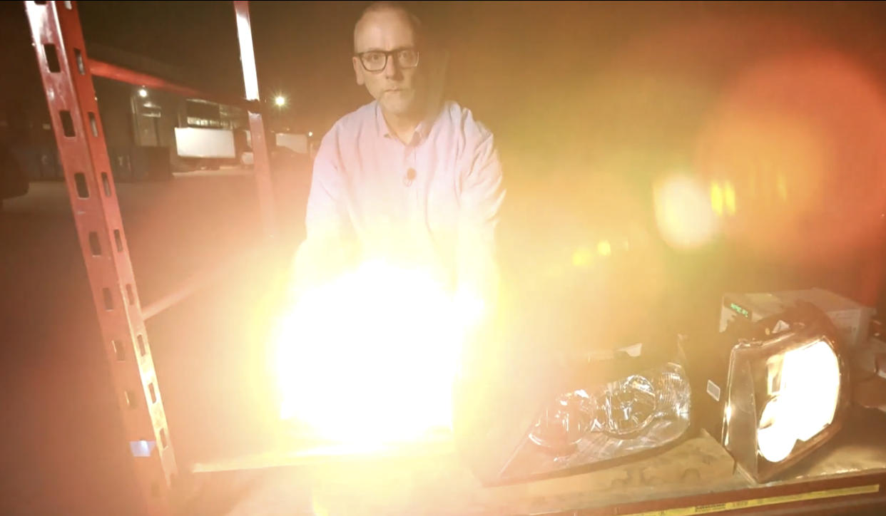 John D. Bullough flashes a light fixture to display the power of a LED in the eye. (NBC News)