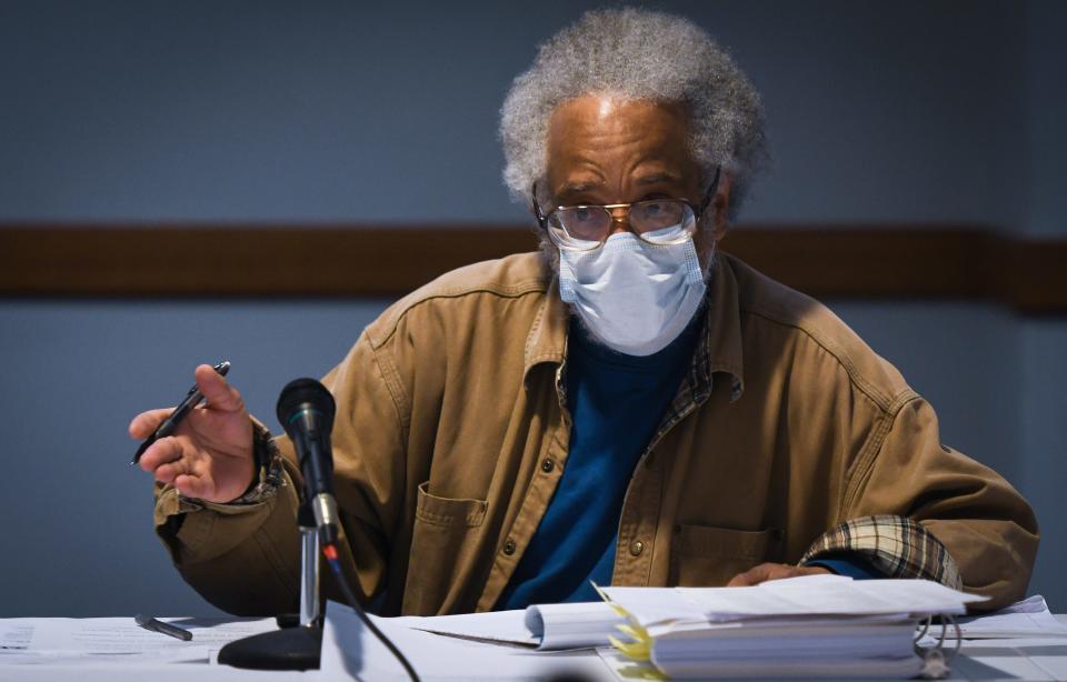 East Lansing Independent Police Oversight Commission Chair Erick Williams speaks during a special meeting at the Hannah Community Center on April 28, 2022.