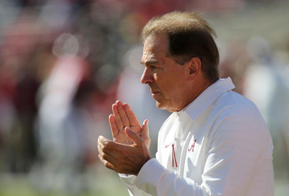 Nov 13, 2021; Tuscaloosa, Alabama, USA;  Alabama Head Coach Nick Saban watches the Crimson Tide warm up before playing New Mexico State at Bryant-Denny Stadium. Mandatory Credit: Gary Cosby Jr.-USA TODAY Sports