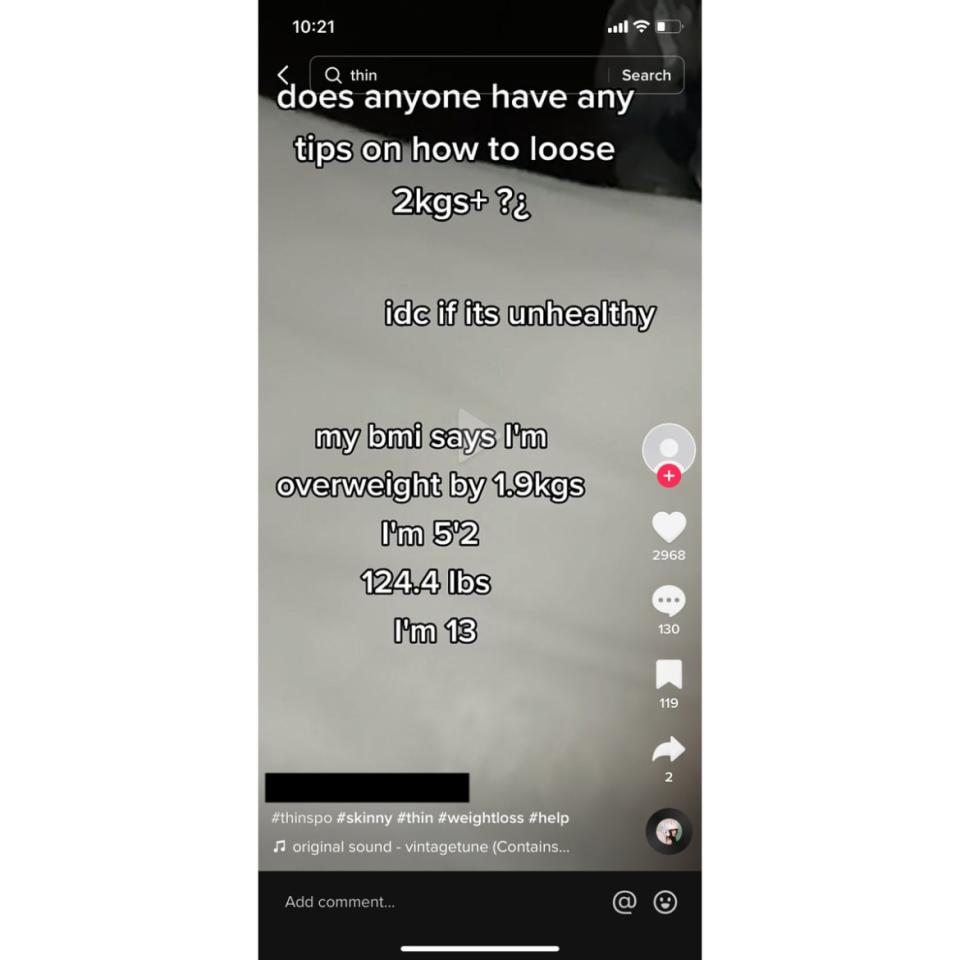 <div class="inline-image__caption"><p>A 13-year-old on TikTok asks for diet tips.</p></div> <div class="inline-image__credit">Screenshot/TikTok</div>