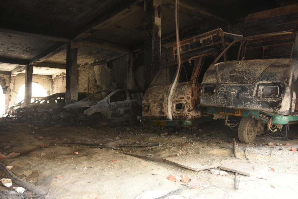 DELHI, INDIA - FEBRUARY 26 : A view of damaged vehicles following the Citizenship Amendment Act (CAA) clashes in Mustafabad, Delhi, India on February 26, 2020. (Photo by Javed Sultan/Anadolu Agency via Getty Images)