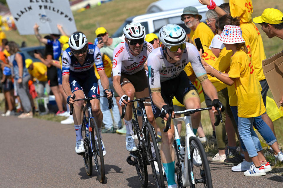 POLIGNY, FRANCE - JULY 21: (L-R) Kasper Asgreen of Denmark and Team Soudal - Quick Step, Ben O'connor of Australia and Ag2R CitroÃ«n Team and Matej Mohoric of Slovenia and Team Bahrain Victorious compete in the breakaway during the stage nineteen of the 110th Tour de France 2023 a 172.8km stage from Moirans-en-Montagne to Poligny / #UCIWT / on July 21, 2023 in Poligny, France. (Photo by Tim de Waele/Getty Images)