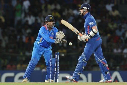 England's Graeme Swann (R) is dismissed by India's Mahendra Singh Dhoni during their World Twenty20 match on September 23. "But they are a very good side that has done really well in the last year. So you will see them adapt to conditions and get better in the future," Dhoni said