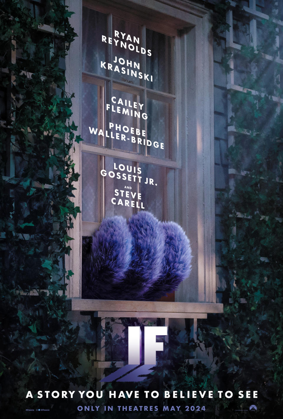 Movie poster for "IF" showcasing actors' names with a view of a window partially covered by foliage and a large furry creature's feet visible