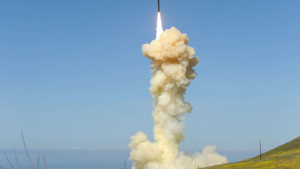 A ground-based interceptor is launched from then-Vandenberg Air Force Base, Calif., on March 25, 2019, in the first-ever salvo engagement test of a threat-representative intercontinental ballistic missile target. (U.S. Defense Department)