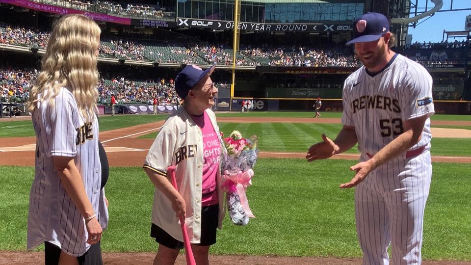 <div>Nancy Bonesho and Brandon Woodruff chat during Mother's Day "Pink Out" at American Family Field (Courtesy: Aurora Health Care)</div>