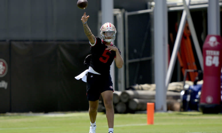 San Francisco 49ers quarterback Trey Lance on the field.