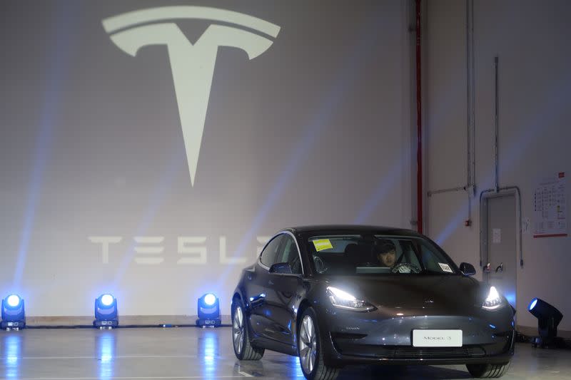 A China-made Tesla Model 3 vehicle is seen at a delivery ceremony in the Shanghai Gigafactory of the U.S. electric car maker