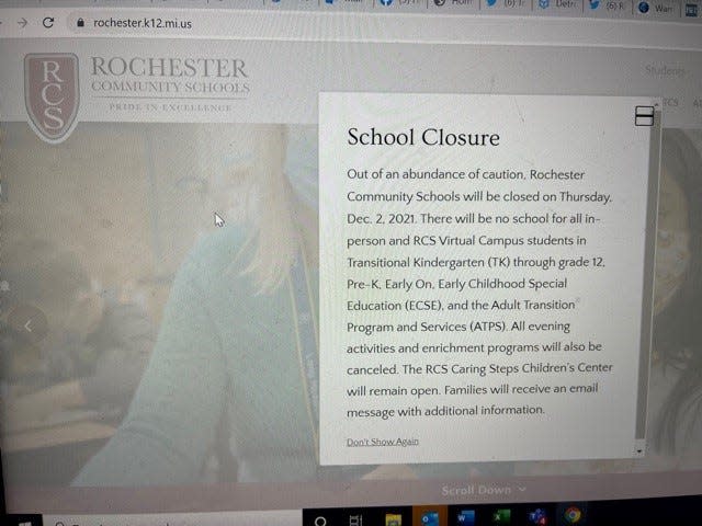 Rochester Community Schools officials posted a memo late Wednesday that "out of an abundance of caution" the schools would be closed on Thursday, Dec. 2.