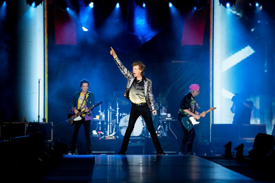 From left: Ronnie Wood, Mick Jagger and Keith Richards of the Rolling Stones perform in Nashville.