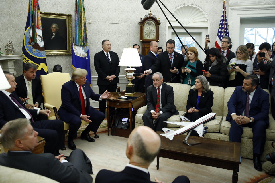 President Donald Trump and Turkish President Recep Tayyip Erdogan meet in the Oval Office with Republican senators at the White House Wednesday, Nov. 13, 2019, in Washington. (AP Photo/Patrick Semansky)