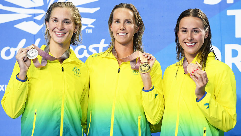 Maddie Groves, pictured here with Emma McKeon and Brianna Throssell at the 2018 Commonwealth Games.