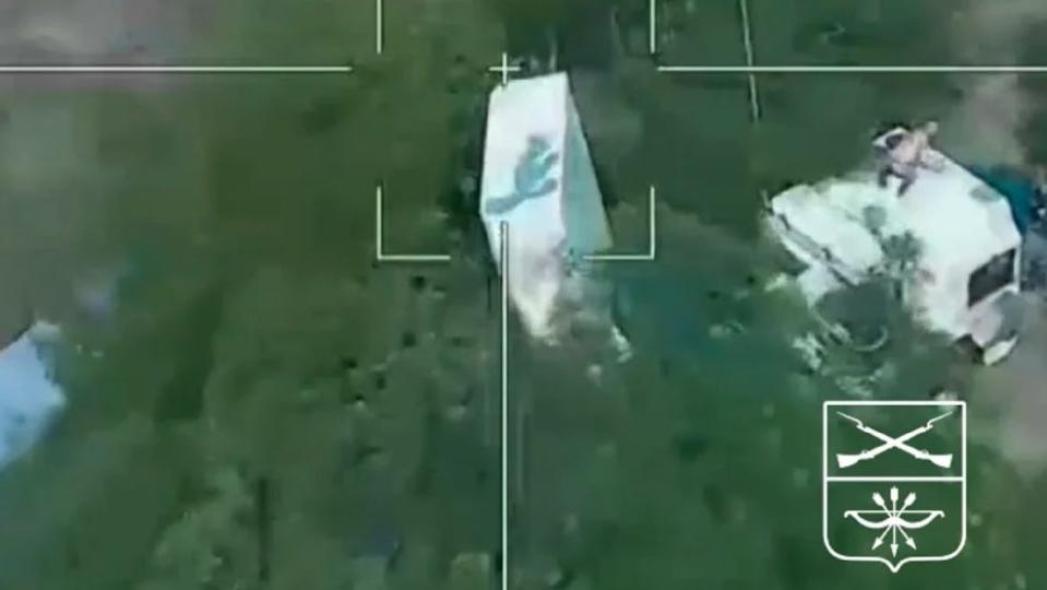 A still image showing a drone trained on part of an IRIS-T air-defense unit in Ukraine.