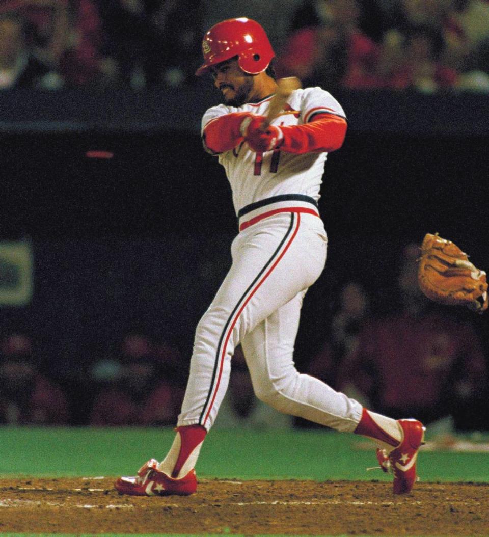 St. Louis Cardinals Jose Oquendo hammers a three run second inning homerun in the seventh game of the National League Championship series at St. Louis Busch Stadium, Wednesday, Oct. 14, 1987.