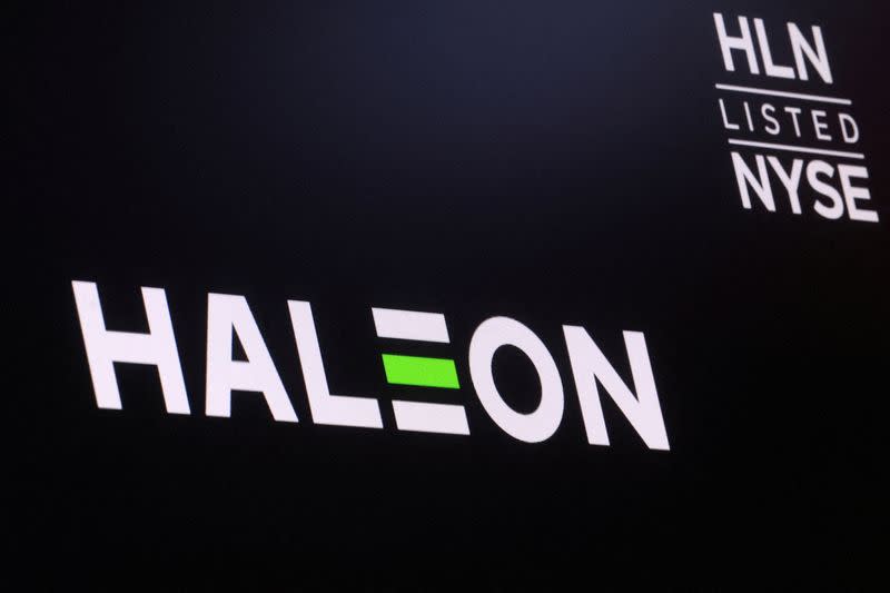 FILE PHOTO: The company logo for Haleon and the trading info is displayed on a screen on the floor of the NYSE in New York