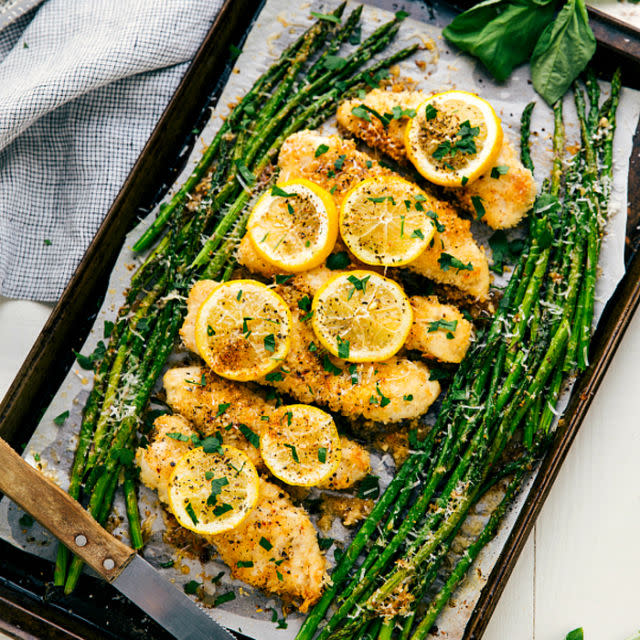 <p>One pan means that this super flavorful dish – featuring <a rel="nofollow noopener" href="http://www.redbookmag.com/food-recipes/a48463/hungry-girl-healthy-chicken-recipes/" target="_blank" data-ylk="slk:chicken;elm:context_link;itc:0;sec:content-canvas" class="link ">chicken</a> lightly breaded with garlic, lemon, and parmesan – is a breeze to clean up.</p><p><strong>Get the recipe at <a rel="nofollow noopener" href="http://www.chelseasmessyapron.com/one-pan-lemon-parmesan-chicken-and-asparagus-video/" target="_blank" data-ylk="slk:Chelsea's Messy Apron;elm:context_link;itc:0;sec:content-canvas" class="link ">Chelsea's Messy Apron</a>.</strong><br></p>