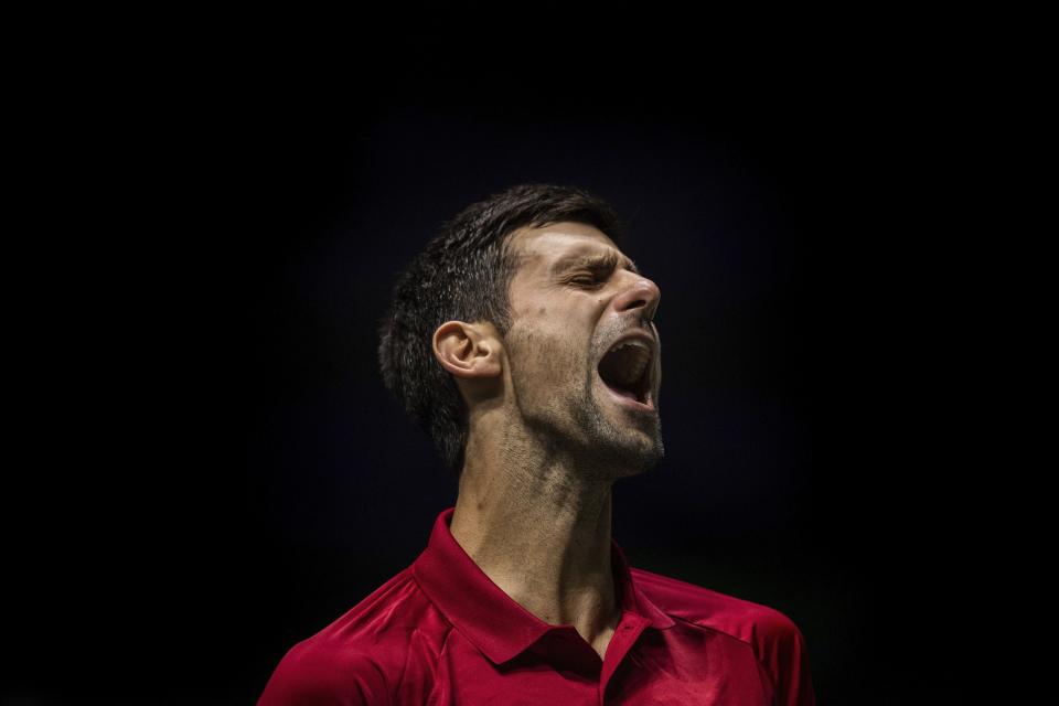 Serbia's Novak Djokovic reacts during the Davis Cup tennis match against France's Benoit Paire in Madrid, Spain, Thursday, Nov. 21, 2019. (AP Photo/Bernat Armangue)
