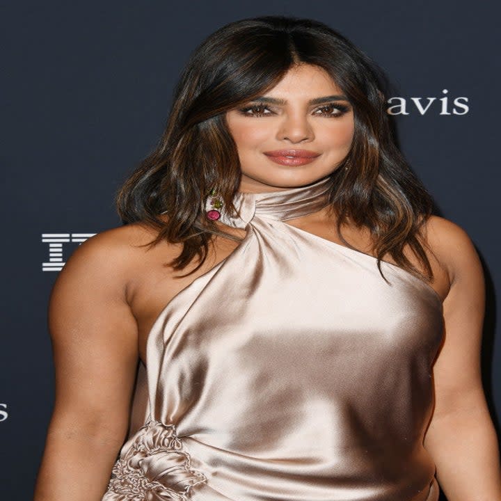 Priyanka at the pre-Grammy gala wearing a silk dress