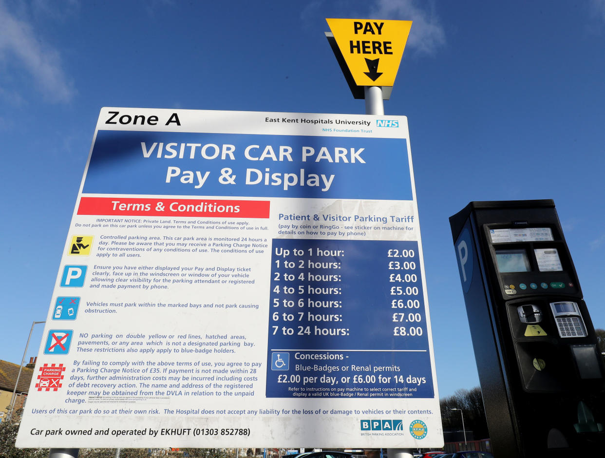 A view of parking charges at Buckland Hospital in Dover, Kent, which is part of the East Kent Hospitals University NHS Foundation Trust. (Photo by Gareth Fuller/PA Images via Getty Images)