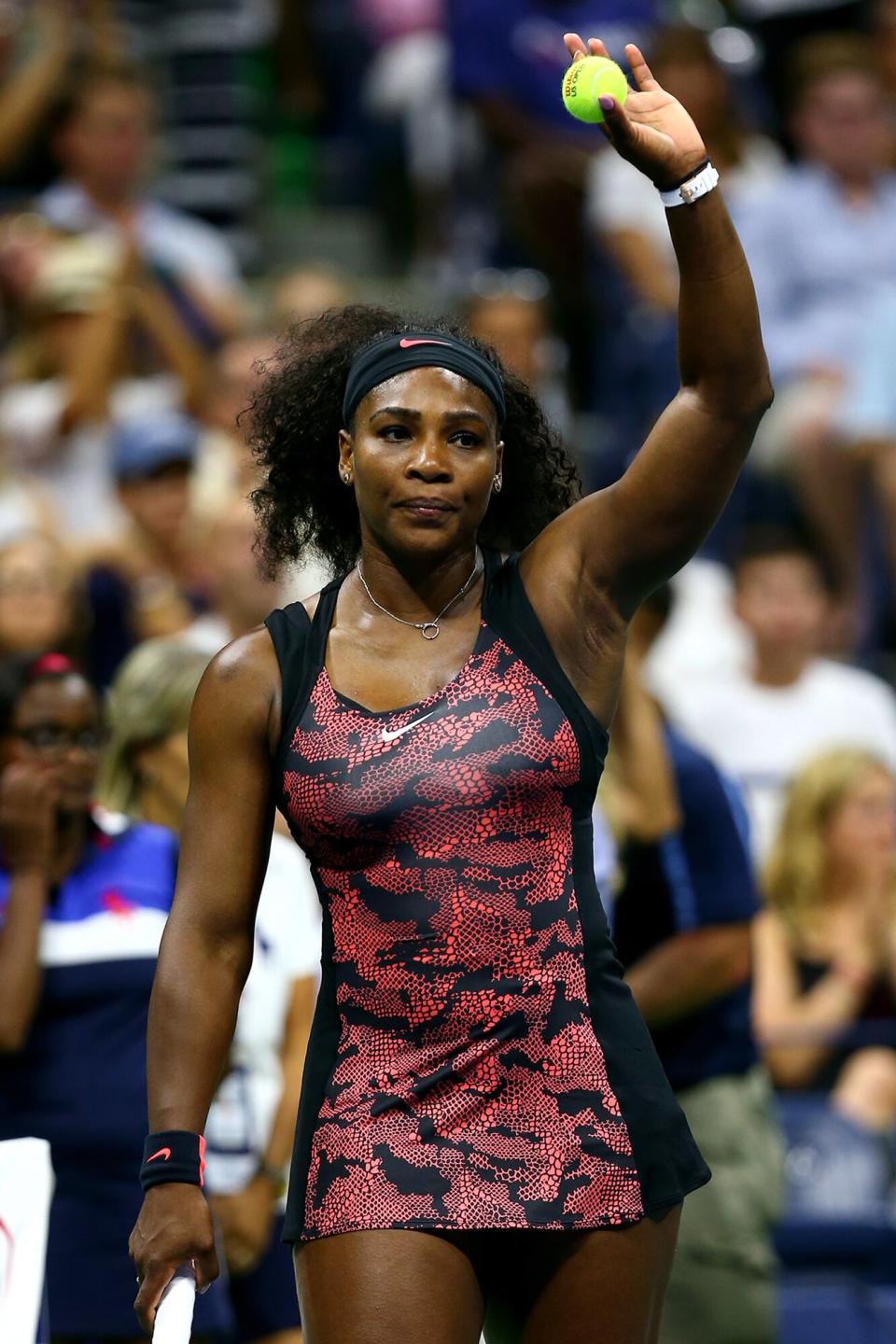 Serena Williams of the United States reacts after defeating Vitalia Diatchenko of Russian in their Women's Singles First Round match on Day One of the 2015 US Open at the USTA Billie Jean King National Tennis Center on August 31, 2015 in the Flushing neighborhood of the Queens borough of New York City