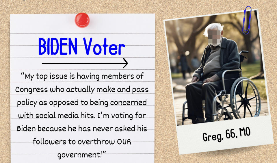 A note that says "BIDEN Voter" with a quote about political priorities, next to an older man, Greg, age 66 from MO, in a wheelchair